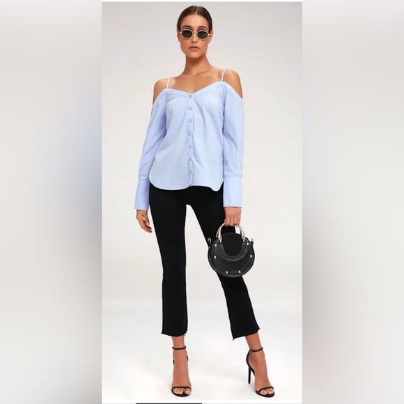 Lulus Work From Home Light Blue Poplin Button-Down Off-the-Shoulder Top Sz M - Picture 3 of 12